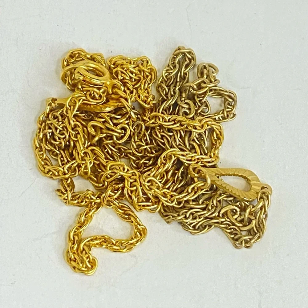 Vintage Necklace Gold Tone Triple Strand Rope Chain‎ Layered Teardrop MidCentury